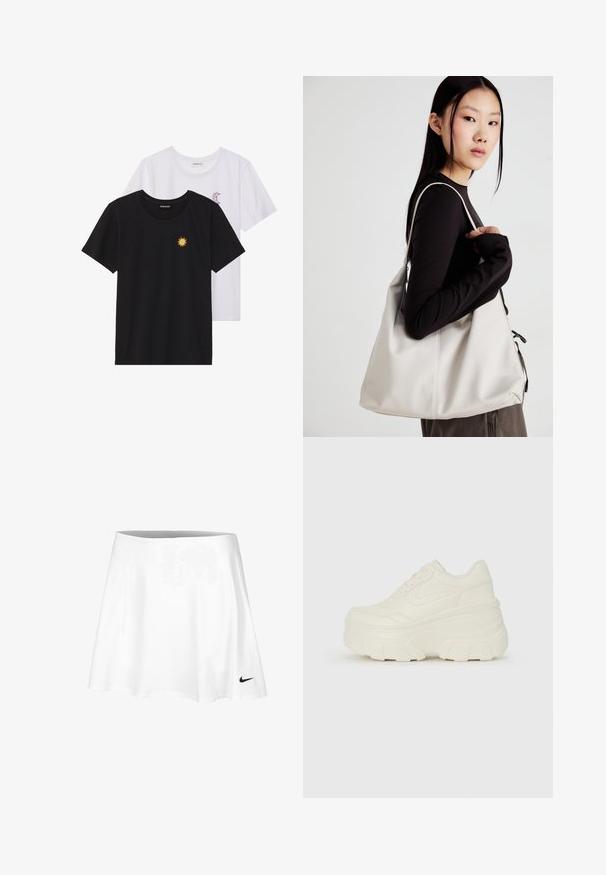 Juodi ir balti marškinėliai, apvaliu kaklu, trumpomis rankovėmis. Juodi marškiniai su geltonu saulės siuvinėjimu; baltieji turi purpurinę pusmėnulio akcentą.; Balta teniso sijonas, pagamintas iš lengvos medžiagos, su platėjančia forma ir elastinga juosmens juosta. Maža juoda Nike logo yra sijono krašte.; Baltos platformos sportbačiai su lygiu odos primenančiu paviršiumi, apvalia forma, paminkštintu apykakle ir tekstūruotu guminiu padu su ryškiais protektoriais.; Bežinė rankinė, pagaminta iš minkštos medžiagos, turinti laisvą dizainą, siuvinėtas detalės ir dvi petnešos. Tinkama kasdieniam naudojimui.