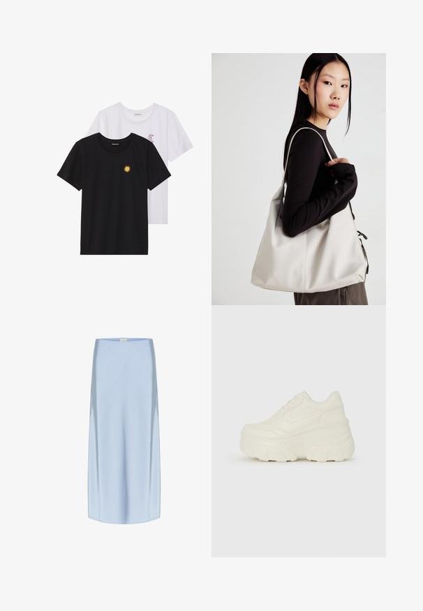 Melnbaltie t-krekli, ar apaļu kaklu, īsām piedurknēm. Melnais krekls ar dzeltenu saules izšuvumu; baltais ar purpursarkanu mēness akcentu.; Zīda midi svārki gaiši zilos toņos, ar gludu, spīdīgu tekstūru, taisnu siluetu un maigu spīdumu. Apakšdaļa nokrīt tieši zem ceļa.; Baltie platformas sporta apavi, kas izgatavoti no gludas mākslīgās ādas, ar noapaļotu formu, mīkstu apkakli un teksturētu gumijas zoli ar izteiktiem rakstiem.; Bežs rokassoma, izgatavota no mīksta materiāla, ar brīvu dizainu, izšūtu apdari un divām plecu siksnām. Piemērota ikdienas lietošanai.