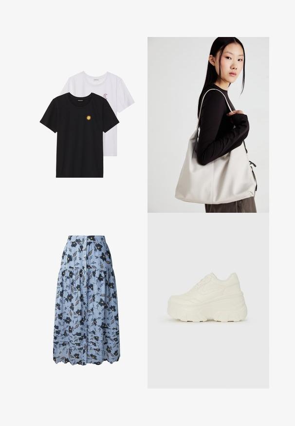 Mustvalged ja valged T-särgid, ümar kaelus, lühikesed varrukad. Must särgile on tikitud kollane päike; valgel särgil on lillakate poolkuu aktsent.; Pepe Jeans A-lõikeline seelik - steel blue; Valged platvormi tõusukingad, millel on siledast nahast meenutav pealis, ümar kuju, pehmendatud kaelus ja tekstureeritud kummitald koos selgete hüdrofoobsete mustritega.; Bež käekott pehme materjali, millel on lõtv disain, õmblustega detailid ja kaks õlarihma. Sobib igapäevaseks kasutamiseks.