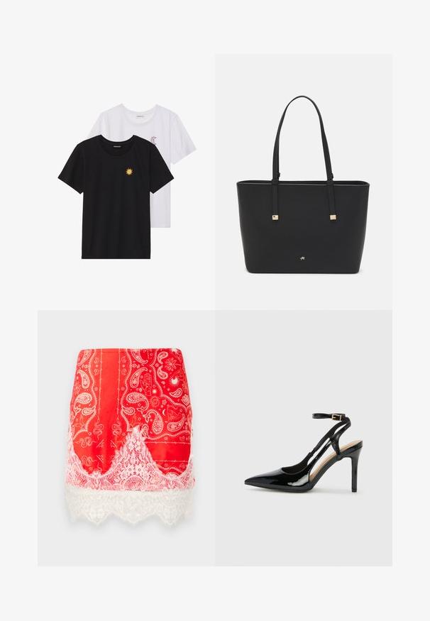 T-shirts noir et blanc, col rond, manches courtes. Le t-shirt noir présente une broderie de soleil jaune ; le t-shirt blanc a un accent de croissant de lune violet.; Mini jupe rouge avec des motifs paisley et mystiques blancs, bordée de dentelle florale blanche à l'ourlet.; Escarpin en cuir verni noir à talon haut, avec un bout pointu, une bride réglable à la cheville et des côtés ouverts. Texture lisse.; Sac fourre-tout noir en matériau synthétique, avec un design rectangulaire simple, des accents carrés dorés et des doubles poignées.