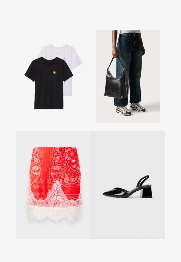 Musta ja valkoinen T-paita, pyöreä kaula-aukko, lyhyet hihat. Mustassa paidassa on keltainen auringon brodeeraus; valkoisessa on violetti puolikuu-aksentti.; Punainen mini-hame, jossa on valkoisia paisley- ja mystisiä kuvioita, ja jonka helmassa on valkoinen kukkakuvioinen pitsireunus.; Mustat patentoitu nahkakengät, joissa on säären takaosa ja terävä kärki, sekä geometrinen palikkakorko. Sisältää tyylikkään, minimalistisen muotoilun ja sileän pinnan.; Musta nahkainen olkalaukku, jossa on sileä pinta ja säädettävä hihna, yhdistettynä haalistuneisiin leveälahkeisiin farkkuihin ja urheilukenkien kanssa.