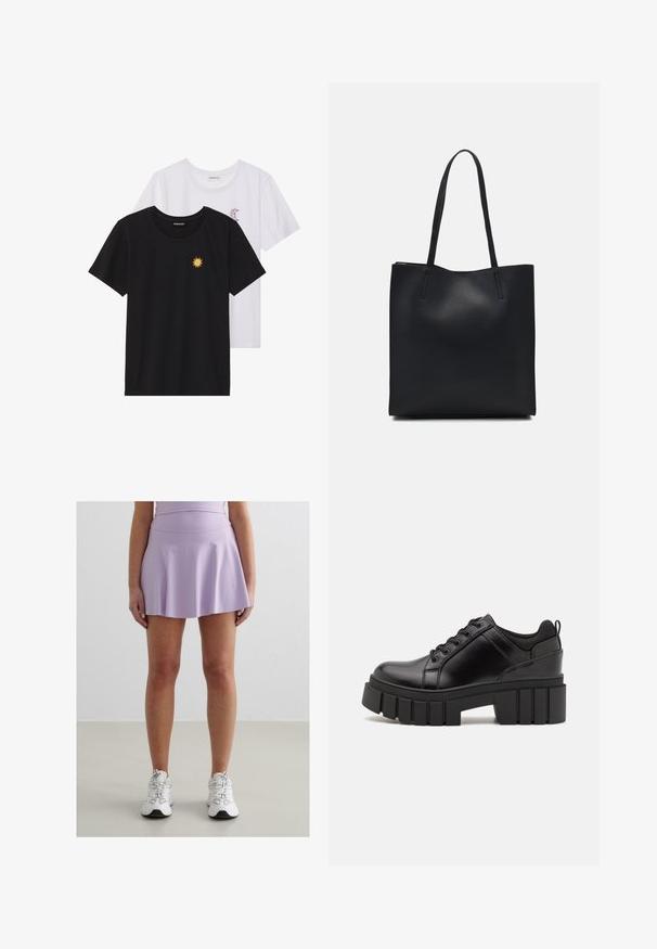 Camisetas en blanco y negro, de cuello redondo y mangas cortas. La camiseta negra presenta un bordado de sol amarillo; la blanca tiene un detalle de luna creciente en púrpura.; Falda deportiva lila con dobladillo acampanado, fabricada en un tejido suave y elástico. Combinada con zapatillas blancas con detalles en gris.; Zapatos de plataforma de cuero negro con un tacón cuadrado grueso, punta redonda y diseño tradicional de cordones. Presenta una textura suave y un detalle minimalista.; Bolso tote de cuero negro con textura lisa, forma rectangular y dos asas largas. Sin herrajes ni adornos visibles.