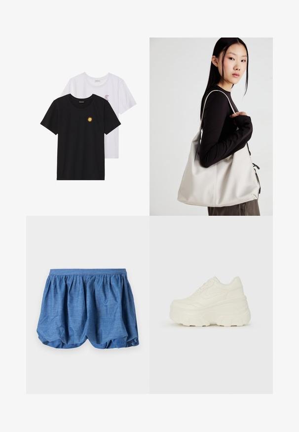 T-shirts preto e branco, de decote redondo e mangas curtas. A camisa preta apresenta um bordado de sol amarelo; a branca tem um detalhe de lua crescente roxa.; Calções leves e azuis com uma cintura elástica franzida e um design solto e texturizado. Apresenta um acabamento em tecido suave com um corte descontraído.; Tênis brancos de plataforma com um cabedal suave semelhante a couro, formato arredondado, colarinho acolchoado e sola de borracha texturizada com ranhuras bem definidas.; Uma bolsa bege feita de material macio, com um design descontraído, detalhes de costura e duas alças para o ombro. Adequada para uso diário.