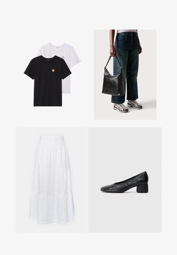 Camisetas en blanco y negro, de cuello redondo y mangas cortas. La camiseta negra presenta un bordado de sol amarillo; la blanca tiene un detalle de luna creciente en púrpura.; GAP PULL ON SKIRT - Falda larga - off white; Zapato de tacón negro en piel con punta redonda y tacón bloque medio. Textura suave con un detalle minimalista, que incluye una sutil abertura elástica.; Bolso de hombro de cuero negro con una textura suave y correa ajustable, combinado con jeans de pierna ancha desgatados y zapatillas deportivas.