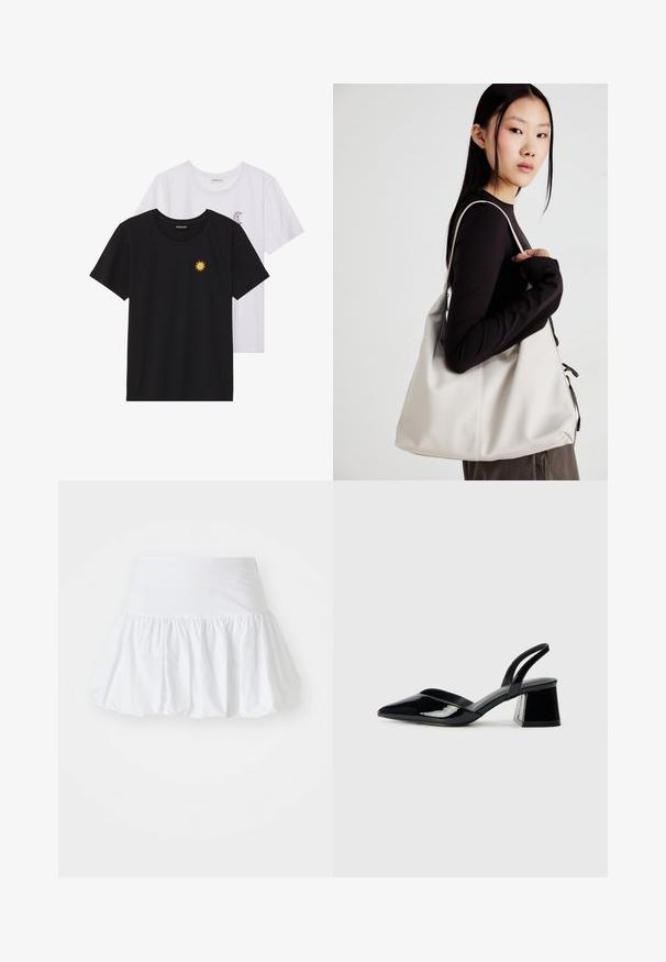 Black and white T-shirts, round neck, short sleeves. Black shirt features yellow sun embroidery; white has purple crescent moon accent.; White flared skirt made of lightweight fabric, featuring a gathered design and an elastic waistband for comfort. No visible patterns or accents.; Black patent leather slingback heels with a pointed toe and a geometric block heel. Features a sleek, minimal design and smooth texture.; Beige handbag made of soft material, featuring a slouchy design, stitched detailing, and two shoulder straps. Suitable for everyday use.