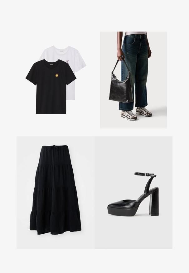 Črne in bele majice, okrogli vrat, kratki rokavi. Črna majica ima richelieu vezenje sonca v rumeni barvi; bela ima vijolični naglavni mesec.; Črna večplastna krila, izdelana iz lahkega materiala, z elastičnim pasom in vrvico ter tekočim, teksturiranim dizajnom.; Črne platforme z visokimi petami in koničastim nosom ter nastavljivim gležnjenjskim trakom. Narejene iz gladke usnje, s kockasto peto.; Črna usnjena torba za ramo z gladko teksturo in nastavljivim trakom, v kombinaciji z zbledelimi širokimi hlačami in športnimi supergami.