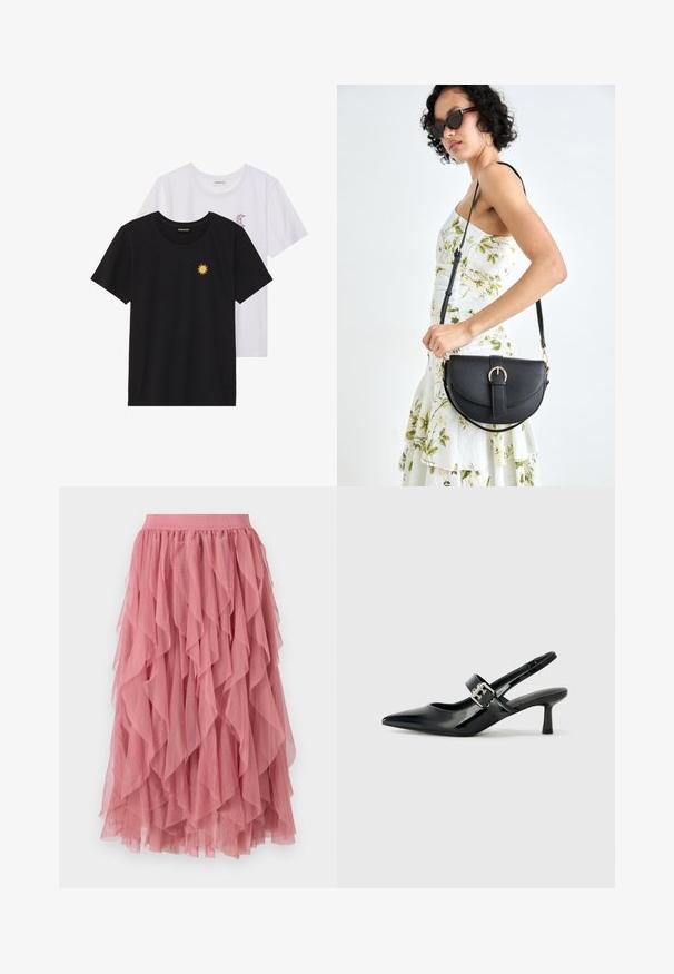 Black and white T-shirts, round neck, short sleeves. Black shirt features yellow sun embroidery; white has purple crescent moon accent.; Pink layered skirt made of lightweight fabric with ruffled design. Features an elastic waistband and falls to mid-calf length.; Black patent leather slingback heels with a pointed toe and a small block heel, featuring a silver buckle accent on the strap.; Black leather handbag with a curved shape, detachable strap, and gold hardware. The bag features a flap with a buckle detail.