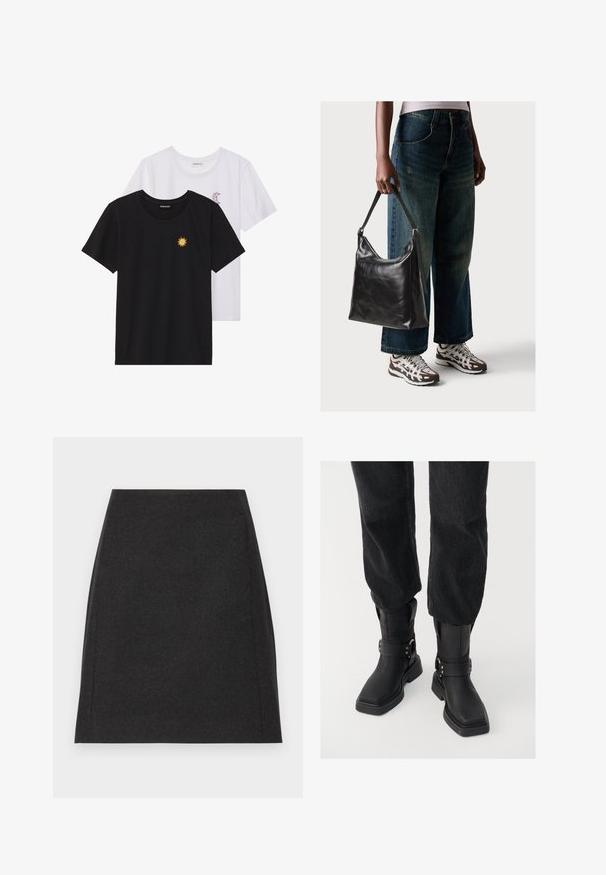 T-shirts preto e branco, de decote redondo e mangas curtas. A camisa preta apresenta um bordado de sol amarelo; a branca tem um detalhe de lua crescente roxa.; Saia mini preta de lã com silhueta reta, textura suave e costuras laterais discretas. Sem fechos ou padrões visíveis.; Botas de tornozelos em couro preto com bico quadrado, apresentando uma faixa larga e detalhe em fivela metálica. As botas têm uma sola robusta e textura suave.; Bolsa de ombro em couro preto com textura suave e alça ajustável, combinada com jeans de perna larga desbotados e ténis desportivos.