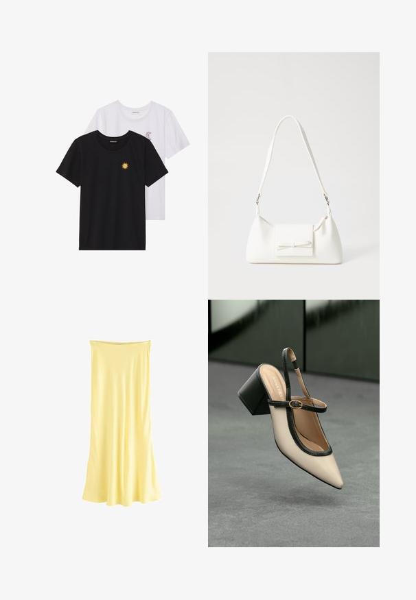Tricouri alb-negru, cu gât rotund, mâneci scurte. Cămășile negre au broderie cu soare galben; cele albe au un accent cu lună crescută violet.; Rochie galbenă, fără mâneci, până la genunchi, realizată dintr-un material neted și ușor, cu o siluetă fluidă și decolteu drept.; Pantof divers în nuanță bej, cu vârf ascuțit, curea de susținere în spate, cu margine neagră, cataramă aurie și toc gros pe un podea gri, cu un fundal verde închis.; Geantă sintetică albă, cu formă triangulară, capac frontal plat și detaliu cu fundă, curea ajustabilă, textură netedă și design minimalist.