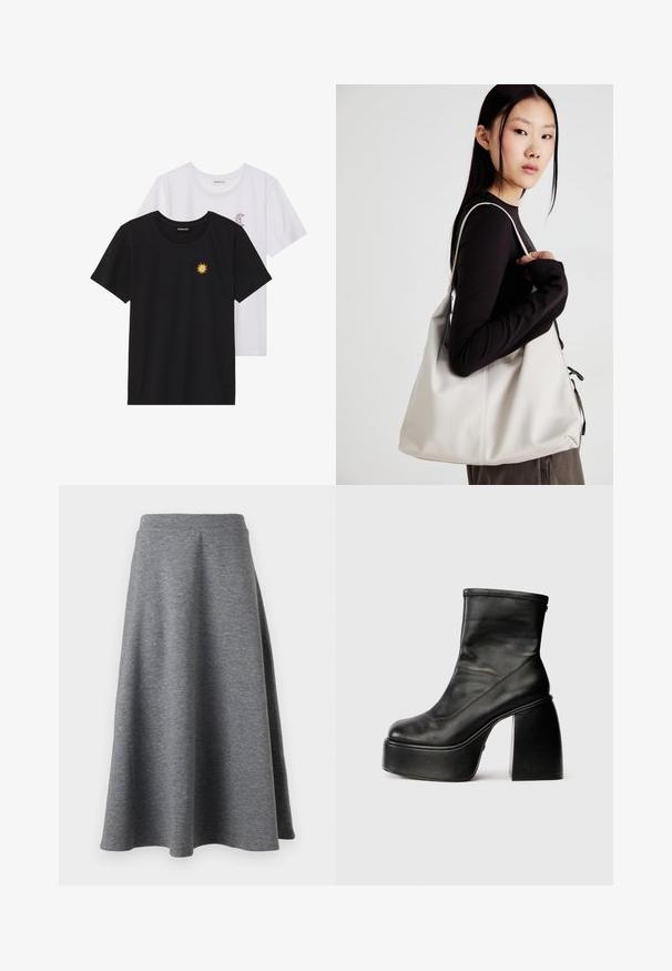 Sort og hvid T-shirt, rund hals, korte ærmer. Den sorte skjorte har gult solbroderi; den hvide har lilla halvmåne-accent.; Grå, knælang nederdel lavet af blødt, strækbart materiale, med en lækker design og en elastisk talje for komfort.; Sorte læder ankelstøvler med rund tå, glat tekstur og en markant blokhæl. Har en lynlås på siden. Minimalistisk design.; Beige håndtaske lavet af blødt materiale med et slouchy design, stikninger og to skulderremme. Velegnet til daglig brug.