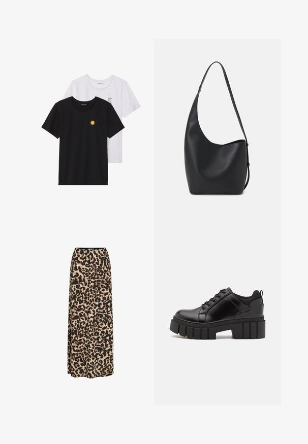 Black and white T-shirts, round neck, short sleeves. Black shirt features yellow sun embroidery; white has purple crescent moon accent.; VILA LEOA HIGH WAIST - Maxi skirt - black; Black leather platform shoes with a chunky block heel, round toe, and traditional lace-up design. Features smooth texture and minimal detailing.; Black leather hobo bag with a smooth texture, curved shape, and single adjustable strap; features a wide opening at the top.