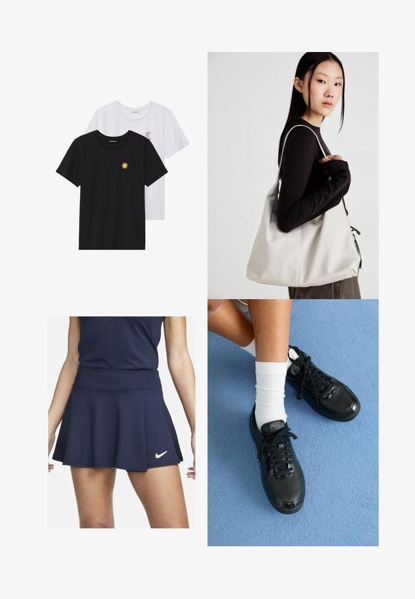 T-shirts preto e branco, de decote redondo e mangas curtas. A camisa preta apresenta um bordado de sol amarelo; a branca tem um detalhe de lua crescente roxa.; Nike Performance FLOUNCY - Saia desportiva - obsidian/white; Tênis Nike pretos apresentam um cabedal texturizado, detalhes brilhantes e cadarços redondos. Estão combinados com meias brancas caneladas sobre uma superfície azul clara.; Uma bolsa bege feita de material macio, com um design descontraído, detalhes de costura e duas alças para o ombro. Adequada para uso diário.