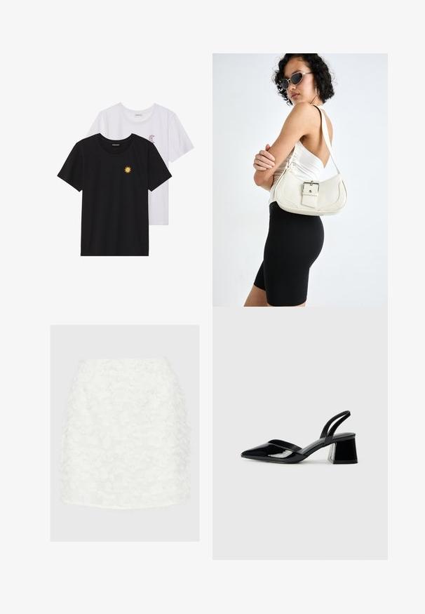 Svarte og hvite T-skjorter, rund hals, korte ermer. Den svarte T-skjorten har gul brodering av en sol; den hvite har lilla halvmåne-detaljer.; Hvit mini-skjørt med en teksturert, frynsete stoffoverflate, har en tettsittende fasong og en ren kant, designet for en kroppsnær passform.; Svarte patentlær slingback hæler med spiss tå og geometrisk blokk hæl. Har et stilrent, minimalistisk design og jevn tekstur.; Hvit lær håndveske med en buet form, justerbar stropp og en liten spenne-detalj. Modellen har på seg en tettsittende svart antrekk.