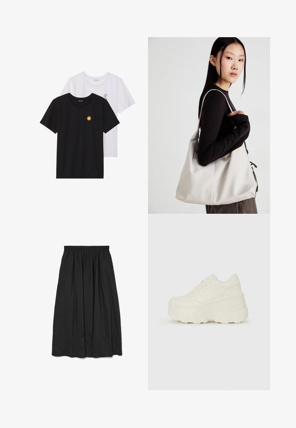 Črne in bele majice, okrogli vrat, kratki rokavi. Črna majica ima richelieu vezenje sonca v rumeni barvi; bela ima vijolični naglavni mesec.; Črna A-linijska krila z elastičnim pasom. Značilna mehka, lahka tkanina in naborki za dodatno teksturo.; Bele platformske tene z belim zgornjim delom, ki spominja na usnje, okroglo obliko, oblazinjen ovratnik ter gumo z teksturo na podplatu z izrazitimi profili.; Bežna torbica iz mehkega materiala, z ohlapno zasnovo, šivi in dvema naramnicama. Primerna za vsakodnevno uporabo.
