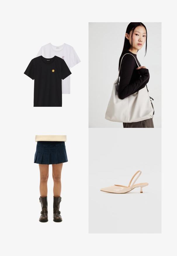 Camisetas en blanco y negro, de cuello redondo y mangas cortas. La camiseta negra presenta un bordado de sol amarillo; la blanca tiene un detalle de luna creciente en púrpura.; Minifalda plisada azul marino en tejido suave, combinada con botas de cuero marrón hasta la rodilla con hebillas. La falda tiene un diseño estructurado.; Tacones slingback de charol beige con punta afilada y un tacón cuadrado delgado. Textura suave y diseño minimalista sin adornos.; Bolso de mano beige hecho de material suave, con un diseño holgado, detalles cosidos y dos asas. Adecuado para uso diario.