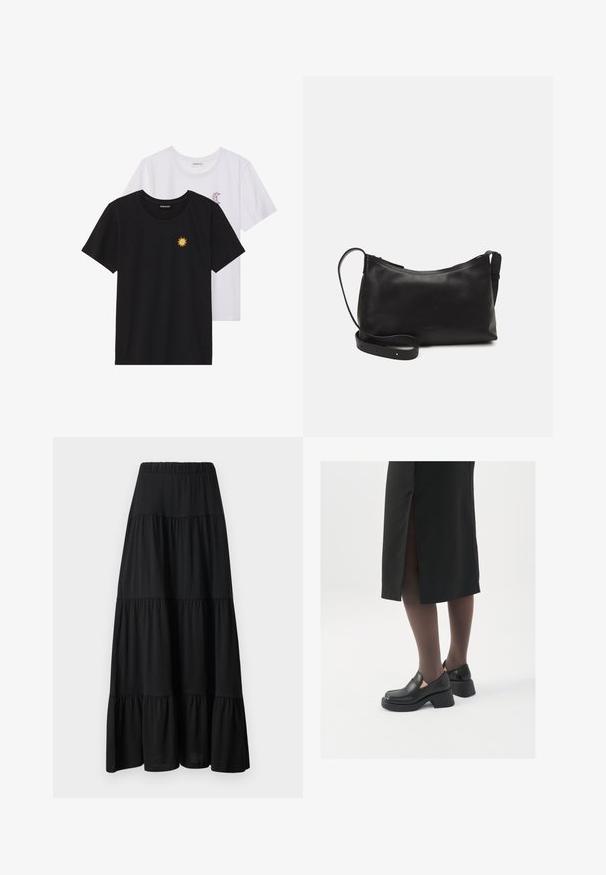 Črne in bele majice, okrogli vrat, kratki rokavi. Črna majica ima richelieu vezenje sonca v rumeni barvi; bela ima vijolični naglavni mesec.; Črna maxi krila s tiered obliko in nabranim pasom, ki se lepo spušča ter ima gladko teksturo. vsebuje tri različne plasti tkanine.; Črne usnjene čevlje s zaobljenim prstom, debelim blokastim petama in elastičnimi stranskimi detajli, v kombinaciji s temno nogavicami in črno krilo z razporkom.; Črna usnjena torba čez ramo z gladko teksturo, ukrivljeno obliko, nastavljivim trakom in zadrgo. Minimalističen dizajn brez okrasnih detajlov.