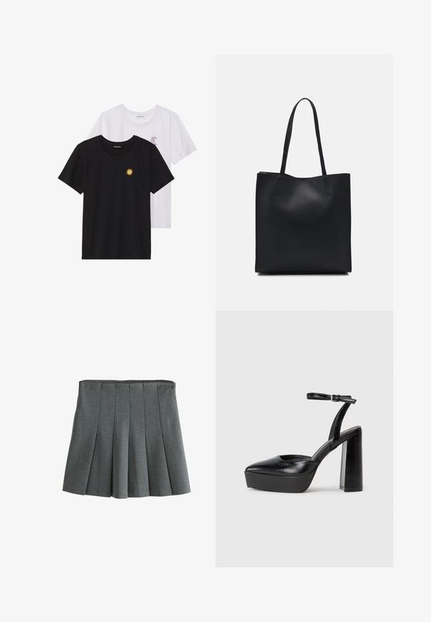 Zwart-witte T-shirts, ronde hals, korte mouwen. Het zwarte shirt heeft gele zon-geborduurde details; het witte shirt heeft een purperen halve maan accent.; Grijze plissérok van zachte, gestructureerde stof. Heeft een aansluitende tailleband en gelaagde plooien voor beweeglijkheid.; Zwarte plateauhakken met een puntige neus en verstelbare enkelband. Gemaakt van soepel leer, met een robuuste blokhak.; Zwarte leren handtas met een gladde textuur, rechthoekige vorm en twee lange handvaten. Geen zichtbare hardware of versieringen.