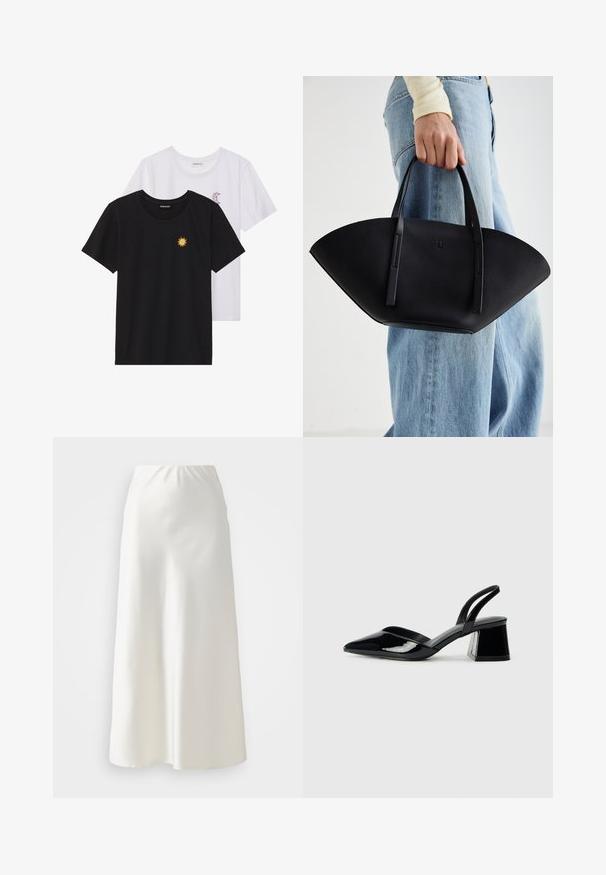 Svarte og hvite T-skjorter, rund hals, korte ermer. Den svarte T-skjorten har gul brodering av en sol; den hvite har lilla halvmåne-detaljer.; Hvit, ankel-lang skjørt laget av glatt, blankt stoff med elastisk midje og en vektløs silhuett, med et enkelt, udelikat design.; Svarte patentlær slingback hæler med spiss tå og geometrisk blokk hæl. Har et stilrent, minimalistisk design og jevn tekstur.; Svart skinnveske med en unik vifteform, med flate håndtak. Overflaten har en pebblelignende tekstur og et minimalistisk design.