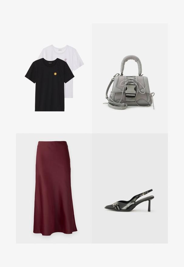 Sort og hvid T-shirt, rund hals, korte ærmer. Den sorte skjorte har gult solbroderi; den hvide har lilla halvmåne-accent.; Selected Femme SLFLENA - A-snit nederdel - zinfandel; Sorte patenterede læderslagback sko med spids tå, ankleremme med sølvspænder og hardware samt en slank hæl.; Grå tekstureret håndtaske med en polstret hank, mesh-detaljer, justerbar rem og en frontlås. Kompakt design med en afrundet form.