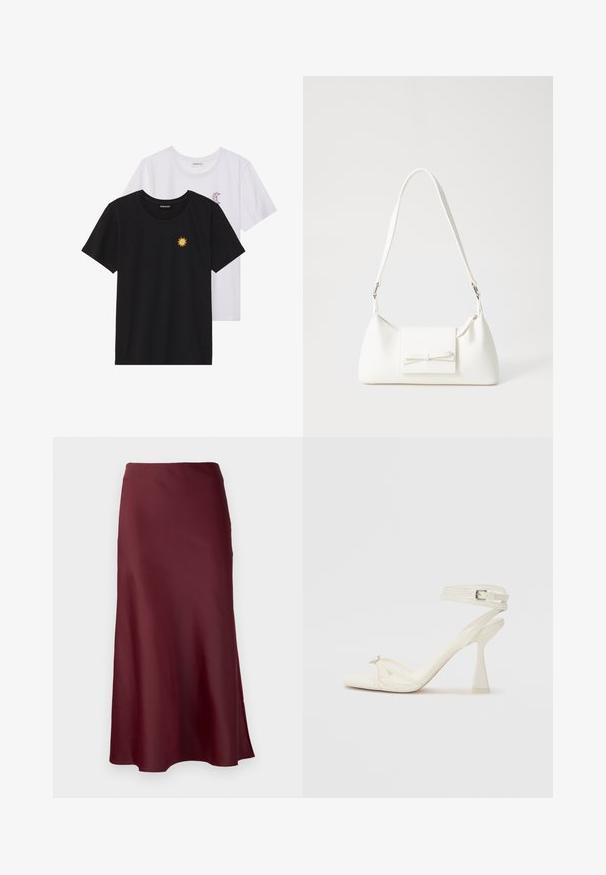 Black and white T-shirts, round neck, short sleeves. Black shirt features yellow sun embroidery; white has purple crescent moon accent.; Selected Femme SLFLENA - A-line skirt - zinfandel; Strappy high-heeled sandal in white leather with a sleek design, a transparent block heel, and a decorative element at the toe.; White synthetic handbag with a triangular shape, flat front flap and bow detail, adjustable strap, smooth texture, and minimalistic design.