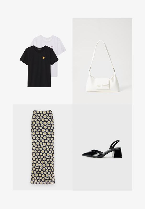Črne in bele majice, okrogli vrat, kratki rokavi. Črna majica ima richelieu vezenje sonca v rumeni barvi; bela ima vijolični naglavni mesec.; SOMETHINGNEW SUNDAYS MAXI SKIRT - Dolgo krilo - black; Črne lakirane slingback pete s koničastim nosom in geometrijsko blokasto peto. Imajo eleganten, minimalističen dizajn in gladko teksturo.; Bela sintetična torbica v obliki trikotnika, z ravnim sprednjim poklopcem in detajlom mašne, nastavljivim trakom, gladko teksturo in minimalističnim dizajnom.