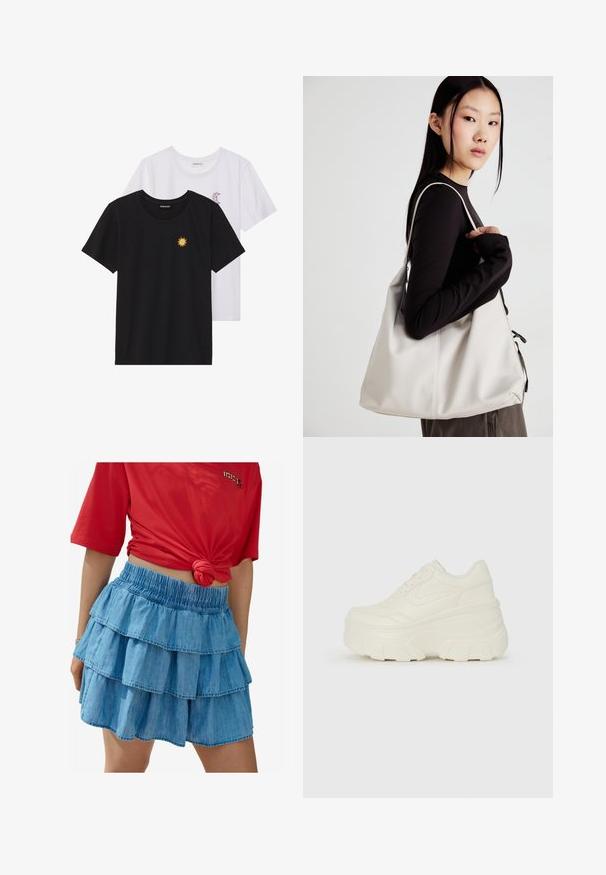 Schwarz-weiße T-Shirts, Rundhals, kurze Ärmel. Das schwarze Shirt hat eine gelbe Sonnenstickerei; das weiße eine lila Halbmond-Akzent.; Helleblaue Jeansrock mit drei Lagen Rüschen, ausgestattet mit einem elastischen Bund und einer glatten Textur. Kombiniert mit einem roten kurzärmeligen Shirt.; Weiße Platform Sneakers mit einem glatten, lederähnlichen Obermaterial, abgerundeter Form, gepolstertem Kragen und strukturierten Gummisohlen mit ausgeprägten Stollen.; Beige Handtasche aus weichem Material, mit einem lässigen Design, gesteppten Details und zwei Schulterriemen. Geeignet für den täglichen Gebrauch.