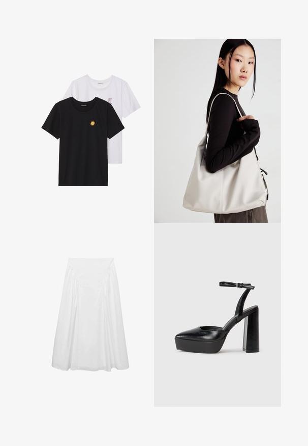 Črne in bele majice, okrogli vrat, kratki rokavi. Črna majica ima richelieu vezenje sonca v rumeni barvi; bela ima vijolični naglavni mesec.; Bela midi krila iz bombaža, z gladko teksturo, nabranimi detajli na straneh in prilegajočim pasom za zračen obliko.; Črne platforme z visokimi petami in koničastim nosom ter nastavljivim gležnjenjskim trakom. Narejene iz gladke usnje, s kockasto peto.; Bežna torbica iz mehkega materiala, z ohlapno zasnovo, šivi in dvema naramnicama. Primerna za vsakodnevno uporabo.