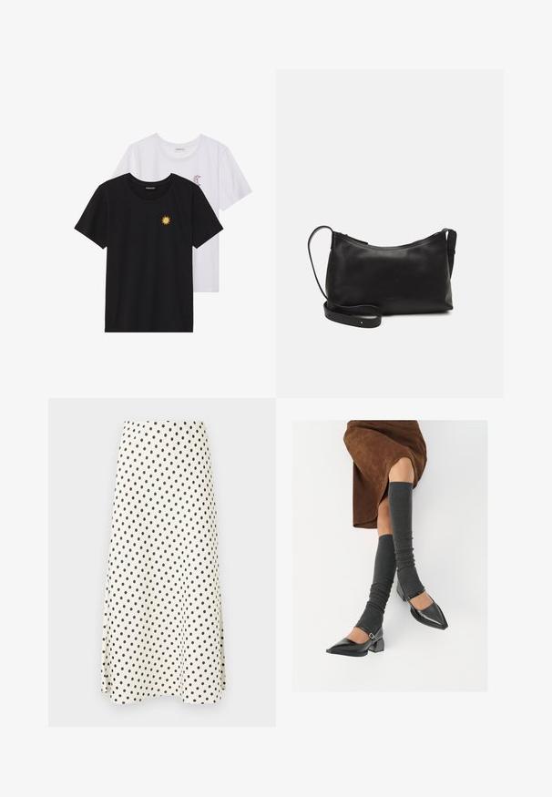 Fekete és fehér T-shirtok, kerek nyakkivágással, rövid ujjakkal. A fekete pólón sárga nap hímzés található; a fehér póló lila félhold díszítéssel rendelkezik.; Térd hosszúságú szoknya, könnyű anyagból, krém színű alapon fekete pöttyökkel és bővülő sziluettel.; Fekete lakk bőrből készült, hegyes orrú cipők, tömbsarkúakkal és bokapánttal, szürke bordás lábszármelegítőkkel és barna velúr szoknyával párosítva.; Fekete bőr válltáska sima felülettel, ívelt formával, állítható pánttal és cipzáras záródással. Minimalista dizájn díszítmények nélkül.