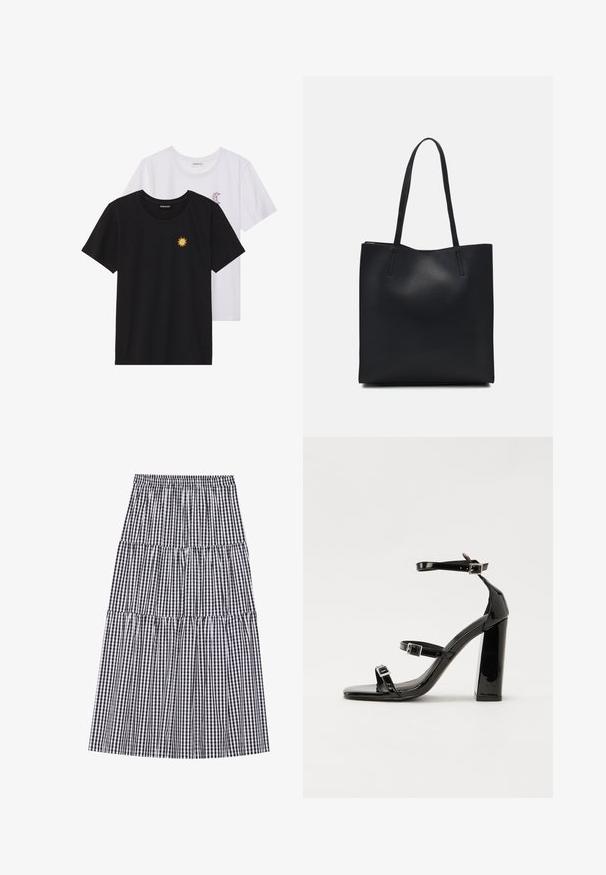 Tricouri alb-negru, cu gât rotund, mâneci scurte. Cămășile negre au broderie cu soare galben; cele albe au un accent cu lună crescută violet.; Fustă tiered cu un model de gingham alb-negru, cu talie elastică. Prezintă mai multe volane și o siluetă fluidă.; Sandale cu toc din patent negru, cu vârf pătrat, curele la gleznă și catarame din argint. Dispune de un toc gros pentru stabilitate.; Geantă tote neagră din piele, cu textură netedă, formă rectangulară și două mânere lungi. Fără hardware vizibil sau ornamente.