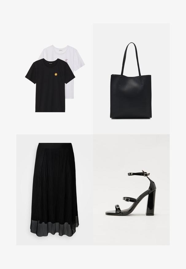 Svarte og hvite T-skjorter, rund hals, korte ermer. Den svarte T-skjorten har gul brodering av en sol; den hvite har lilla halvmåne-detaljer.; ONLY Carmakoma CARLAVINE ELASTIC SKIRT - A-line skjørt - black; Svarte høyhælte sandaler i lakk med to spennestraps, firkantet tå og en tykk blokkhæl, med en glatt, blank tekstur.; Svart lær tote bag med glatt tekstur, rektangulær form og to lange håndtak. Ingen synlige deler eller dekorasjoner.