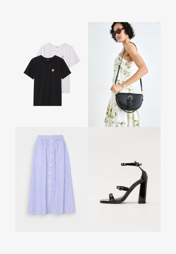 Črne in bele majice, okrogli vrat, kratki rokavi. Črna majica ima richelieu vezenje sonca v rumeni barvi; bela ima vijolični naglavni mesec.; Svetlo modra in bela prugasta krila, srednje dolge, z nabranim pasom, z gumbi spredaj in subtilno teksturo.; Črne lakirane sandale s peto, kvadratnim prstom, trakovi okrog gležnja in srebrnimi zaponkami. Opremljene so s stabilno Debelo peto.; Črna usnjena torbica s ukrivljeno obliko, z odstranljivo naramnico in zlatimi dodatki. Torbica ima pokrov s podrobnostmi v obliki zaponke.