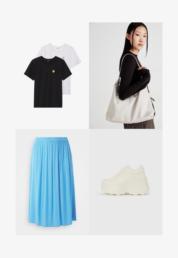 Svarte og hvite T-skjorter, rund hals, korte ermer. Den svarte T-skjorten har gul brodering av en sol; den hvite har lilla halvmåne-detaljer.; Lyseblå, kneelengde skjørt laget av krøllet stoff med elastisk midjebånd, med en flytende, folder design.; Hvite plattformsnickers med en glatt læraktig overdel, avrundet form, polstret krage og teksturert gummisåle med tydelige dekk.; Beige håndveske laget av mykt materiale, med en slapp design, sydd detaljer og to skulderstropper. Passer for daglig bruk.