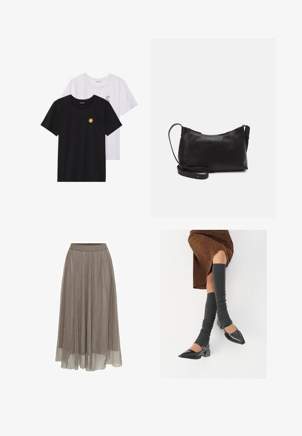 Fekete és fehér T-shirtok, kerek nyakkivágással, rövid ujjakkal. A fekete pólón sárga nap hímzés található; a fehér póló lila félhold díszítéssel rendelkezik.; Pletált maxi szoknya taupe színben, sima derékrésszel és lágy sziluettel. Könnyű, áttetsző anyagból készült, finom textúrával.; Fekete lakk bőrből készült, hegyes orrú cipők, tömbsarkúakkal és bokapánttal, szürke bordás lábszármelegítőkkel és barna velúr szoknyával párosítva.; Fekete bőr válltáska sima felülettel, ívelt formával, állítható pánttal és cipzáras záródással. Minimalista dizájn díszítmények nélkül.