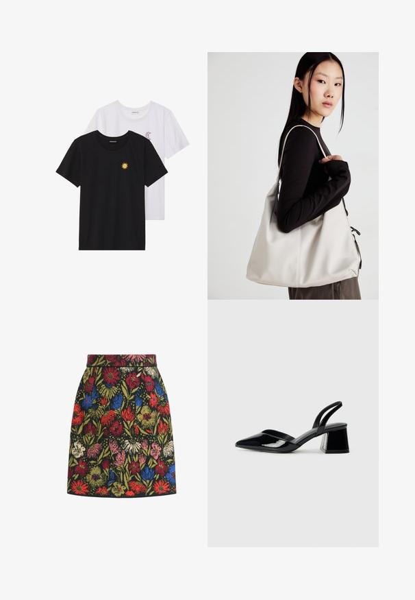 Black and white T-shirts, round neck, short sleeves. Black shirt features yellow sun embroidery; white has purple crescent moon accent.; Floral patterned skirt featuring a black background, colorful flowers in red, blue, pink, and green, with a fitted waistband and A-line shape.; Black patent leather slingback heels with a pointed toe and a geometric block heel. Features a sleek, minimal design and smooth texture.; Beige handbag made of soft material, featuring a slouchy design, stitched detailing, and two shoulder straps. Suitable for everyday use.