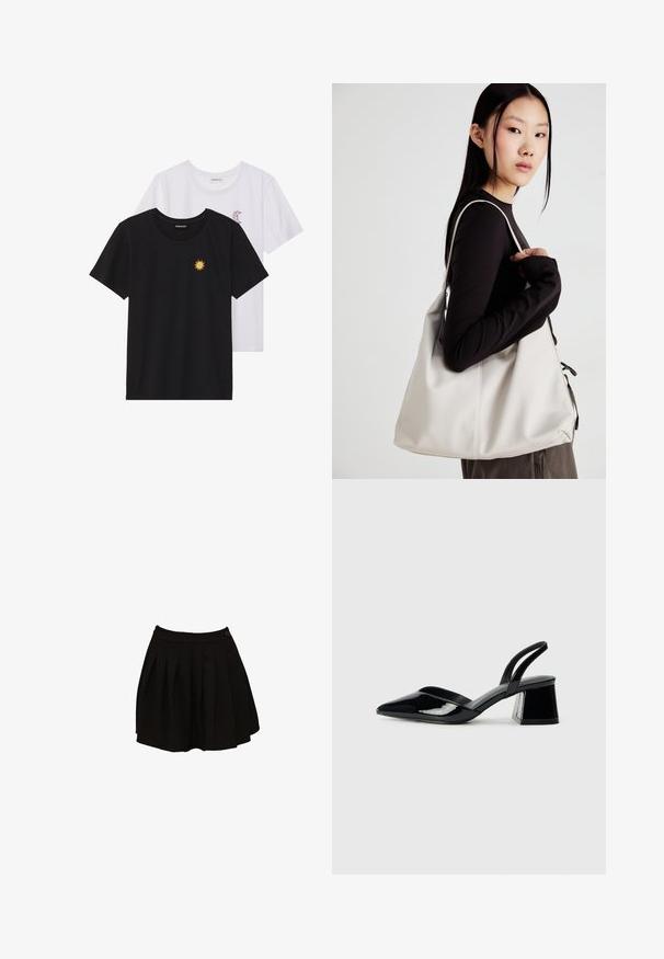 Mustvalged ja valged T-särgid, ümar kaelus, lühikesed varrukad. Must särgile on tikitud kollane päike; valgel särgil on lillakate poolkuu aktsent.; Must mustriga seelik, millel on sobiv vöökoht ja üks nupuvajutus. Materjal näeb välja sile ja kerge, loodud laiendatud silueti jaoks.; Mustad musta lakknahk kingad, millel on terav varvas ja geomeetriline plokkkonts. Omab elegantselt minimalistlikku disaini ja sujuvat tekstuuri.; Bež käekott pehme materjali, millel on lõtv disain, õmblustega detailid ja kaks õlarihma. Sobib igapäevaseks kasutamiseks.