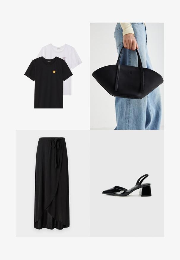 T-shirts noir et blanc, col rond, manches courtes. Le t-shirt noir présente une broderie de soleil jaune ; le t-shirt blanc a un accent de croissant de lune violet.; Jupe maxi noire en tissu léger, dotée d'un design enroulé, d'un lien à la taille ajustable, et d'une silhouette fluide avec un ourlet arrondi.; Escarpins en cuir verni noir avec bout pointu et talon bloc géométrique. Présente un design élégant et minimaliste ainsi qu'une texture lisse.; Sac à main en cuir noir avec une forme de éventail unique, doté de poignées plates. La surface présente une texture granuleuse et un design minimaliste.