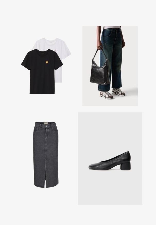 Schwarz-weiße T-Shirts, Rundhals, kurze Ärmel. Das schwarze Shirt hat eine gelbe Sonnenstickerei; das weiße eine lila Halbmond-Akzent.; Schwarzer Jeansrock mit hoher Taille, Frontal-Schlitz und Fünf-Taschen-Design. Mit sichtbaren Nähten und Knopfverschluss.; Schwarze Lederpumps mit runder Zehenpartie und mittelhohem Blockabsatz. Glatte Textur mit minimalen Details, ausgestattet mit einem dezenten elastischen Einstieg.; Schwarze Leder-Schultertasche mit glatter Textur und verstellbarem Riemen, kombiniert mit ausgewaschenen weit geschnittenen Jeans und sportlichen Sneakern.