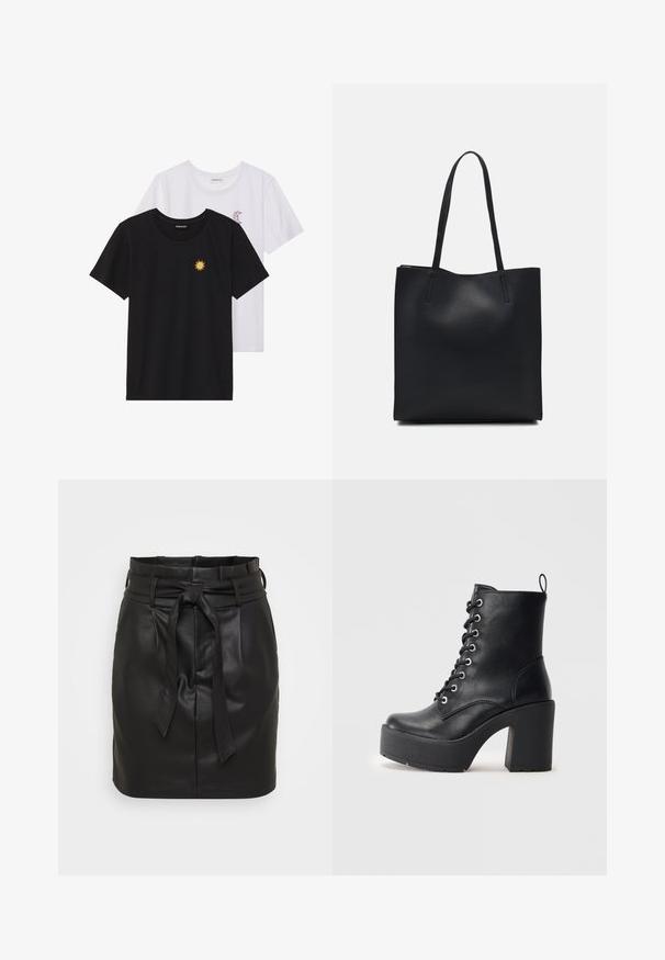 Crne i bijele majice, okrugli izrez, kratki rukavi. Crna majica ima žuti vez suncem; bijela majica ima ljubičasti naglasak u obliku polumjeseca.; Crna kožna mini suknja s visokim strukom, s prednjim vezanjem i glatkom teksturom. Minimalistički dizajn bez dodatnih uzoraka.; Crne kožne gležnjače s masivnom blok petom, vezanjem sprijeda i teksturiranom površinom. Imaju uzicu straga za lakše oblačenje.; Crna kožna torba za nošenje s glatkom teksturom, pravokutnim oblikom i dvije duge ručke. Nema vidljivih metalnih dijelova ili ukrasa.