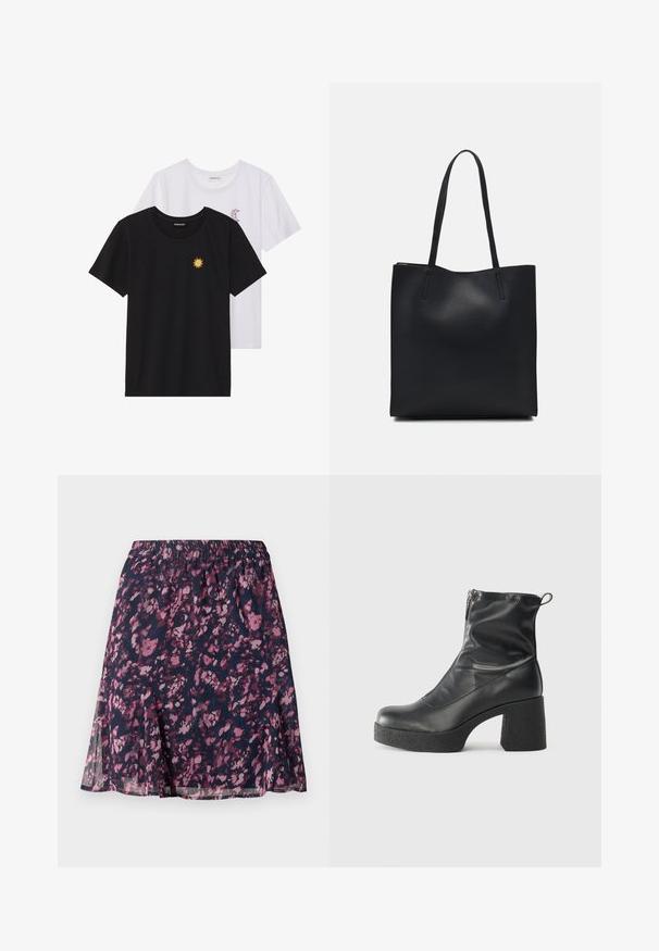 T-shirts preto e branco, de decote redondo e mangas curtas. A camisa preta apresenta um bordado de sol amarelo; a branca tem um detalhe de lua crescente roxa.; Saia azul-marinho com cintura elástica, apresentando um padrão floral abstrato em rosa e roxo, com uma bainha ligeiramente godê.; Botas de tornozelo pretas feitas de couro liso, com fecho lateral, salto grosso texturizado e design de bico arredondado.; Bolsa tote preta em couro com textura lisa, forma retangular e duas alças longas. Sem hardware ou enfeites visíveis.