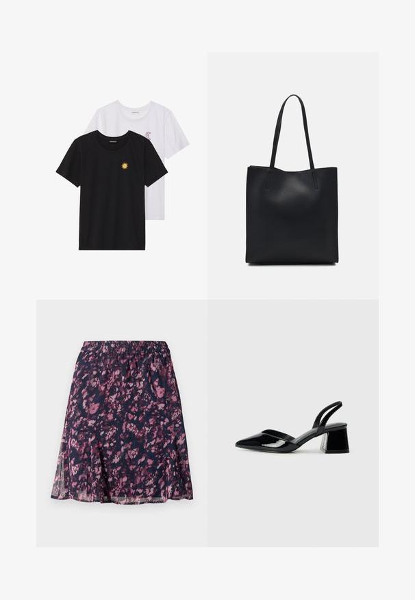 Črne in bele majice, okrogli vrat, kratki rokavi. Črna majica ima richelieu vezenje sonca v rumeni barvi; bela ima vijolični naglavni mesec.; Mornarska krila z elastičnim pasom, ki imajo rožnato-vijoličen abstrakten cvetlični vzorec in rahlo razširjen rob.; Črne lakirane slingback pete s koničastim nosom in geometrijsko blokasto peto. Imajo eleganten, minimalističen dizajn in gladko teksturo.; Črna usnjena torba s svilnato teksturo, pravokotne oblike in dvema dolgima ročajema. Brez vidnih metalnih delov ali okrasnih elementov.