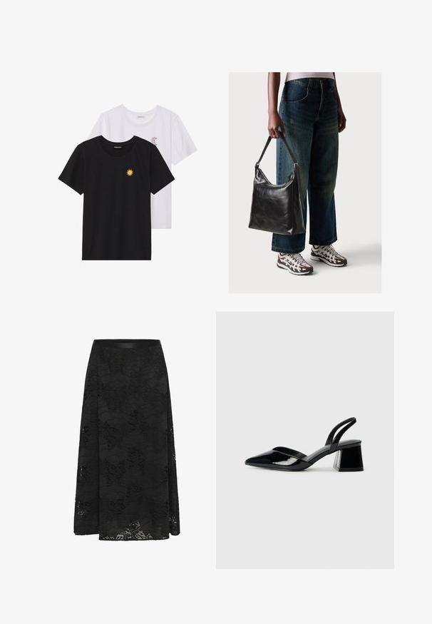 Camisetas en blanco y negro, de cuello redondo y mangas cortas. La camiseta negra presenta un bordado de sol amarillo; la blanca tiene un detalle de luna creciente en púrpura.; Falda de encaje negro con un diseño acampanado. Presenta un patrón floral, una superficie texturizada y una cinturilla ajustada. La longitud llega hasta la mitad de la pantorrilla.; Zapatos de tacón slingback de charol negro con punta afilada y tacón geométrico en bloque. Presentan un diseño elegante y minimalista, así como una textura suave.; Bolso de hombro de cuero negro con una textura suave y correa ajustable, combinado con jeans de pierna ancha desgatados y zapatillas deportivas.