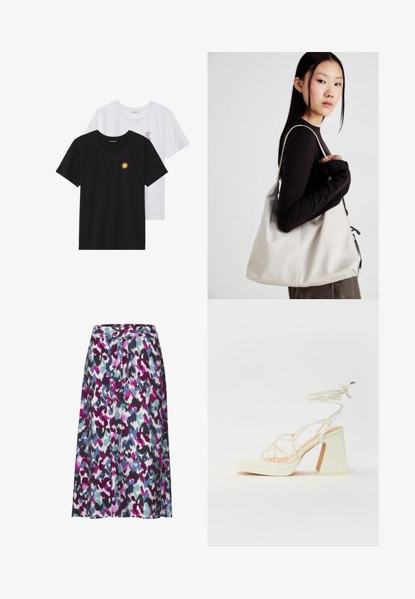 T-shirts noir et blanc, col rond, manches courtes. Le t-shirt noir présente une broderie de soleil jaune ; le t-shirt blanc a un accent de croissant de lune violet.; Jupe longueur genoux avec un motif abstrait coloré dans des nuances de violet, de bleu-vert et de noir. Fabriquée en tissu léger et texturé.; Sandale blanche à talons hauts avec un talon épais, présentant un design à lanières et un lien autour de la cheville. Texture lisse avec une plateforme à l'avant pour une hauteur supplémentaire.; Sac à main beige en matériau souple, avec un design décontracté, des détails cousus et deux poignées. Idéal pour un usage quotidien.
