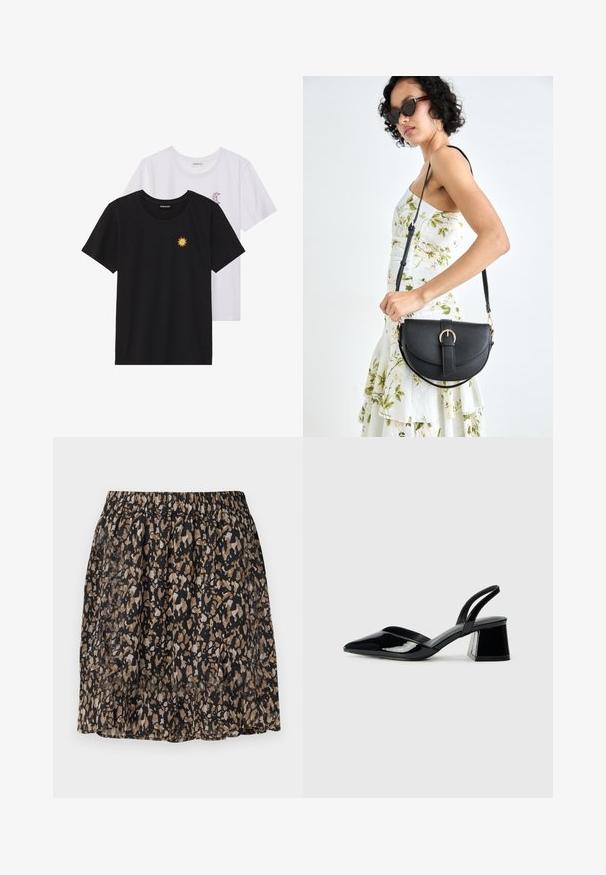 T-shirts preto e branco, de decote redondo e mangas curtas. A camisa preta apresenta um bordado de sol amarelo; a branca tem um detalhe de lua crescente roxa.; Saia preta com um padrão abstrato desfocado em bege e castanho. Cintura elástica, tecido leve e design até ao joelho.; Sandy em verniz preto com salto slingback, ponta afilada e salto geométrico. Apresenta um design elegante e minimalista com textura suave.; Bolsa de couro preta com forma curva, alça destacável e detalhes em dourado. A bolsa possui uma aba com detalhe de fivela.