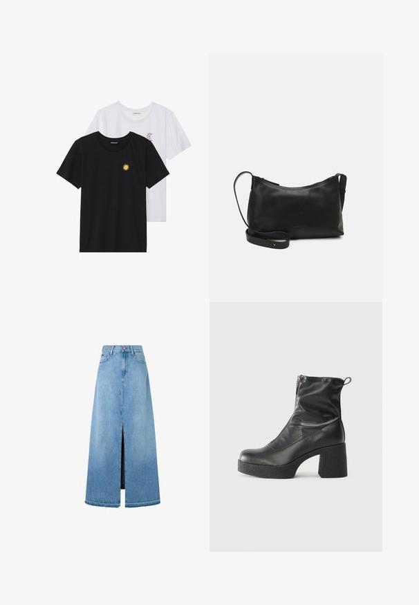 Melnbaltie t-krekli, ar apaļu kaklu, īsām piedurknēm. Melnais krekls ar dzeltenu saules izšuvumu; baltais ar purpursarkanu mēness akcentu.; Gaiši zila džinsa maksi svārku ar priekšu iedalījumu, tipiska A līnijas forma, pabeigts malums un klasiskā piecu kabatu dizains. Pogas aizdare jostasvietā.; Melni potītes zābaki, kas izgatavoti no gludas ādas, ar sānu rāvējslēdzēju, masīvu strukturētu papēdi un noapaļotu purngalu.; Melna ādas plecu soma ar gludu tekstūru, izliekta forma, regulējama siksna un rāvējslēdzēja aizdare. Minimālistisks dizains bez rotājumiem.