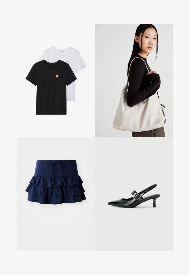 Fekete és fehér T-shirtok, kerek nyakkivágással, rövid ujjakkal. A fekete pólón sárga nap hímzés található; a fehér póló lila félhold díszítéssel rendelkezik.; Sötétkék, fodros mini szoknya húzózsinórral ellátott derékkal. Három réteg fodorral rendelkezik, puha, könnyű anyagból készült.; Fekete lakkbőr slingback sarkú cipők hegyes orral és kis blokk talppal, ezüst csat díszítéssel a pánton.; Puha anyagból készült bézs kézitáska, laza dizájnnal, varrott részletekkel és két vállpánttal. Mindennapi használatra alkalmas.