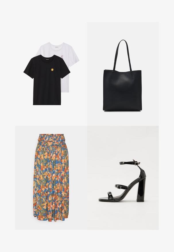 T-shirts noir et blanc, col rond, manches courtes. Le t-shirt noir présente une broderie de soleil jaune ; le t-shirt blanc a un accent de croissant de lune violet.; Jupe maxi florale avec une taille froncée, ornée de motifs vibrants orange, vert et bleu. Tissu léger avec une texture plissée.; Sandales à talons vernies noires avec un bout carré, des sangles autour de la cheville et des boucles en argent. Dotées d'un talon bloc épais pour plus de stabilité.; Sac fourre-tout en cuir noir avec une texture lisse, de forme rectangulaire et deux longues poignées. Pas de matériel ou d'ornementations visibles.