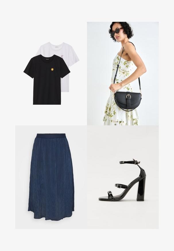 Czarne i białe t-shirty, okrągłe dekolty, krótkie rękawy. Czarna koszulka ma żółte haftowane słońce, a biała posiada fioletowy akcent w kształcie półksiężyca.; Granatowa spódnica plisowana z elastycznym paskiem o falistych krawędziach. Wykonana z lekkiego materiału, spódnica ma zwiewny krój i miękką fakturę.; Czarne lakierowane sandały na wysokim obcasie, z dwoma paskami zapinanymi na klamry, kwadratowy nosek i masywny obcas typu słupek, o gładkiej, błyszczącej fakturze.; Czarna skórzana torebka o zakrzywionym kształcie, z odpinanym paskiem i złotymi akcentami. Torebka posiada klapę z zapięciem w kształcie klamry.