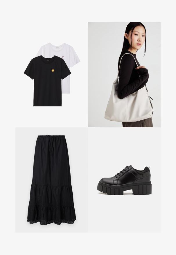 T-shirts noir et blanc, col rond, manches courtes. Le t-shirt noir présente une broderie de soleil jaune ; le t-shirt blanc a un accent de croissant de lune violet.; Jupe noire à volants en tissu léger, avec une taille à cordon de serrage, des broderies au niveau de l'ourlet et une silhouette fluide.; Chaussures à plateforme en cuir noir avec un talon bloc épais, bout rond et un design traditionnel à lacets. Elles présentent une texture lisse et un détail minimal.; Sac à main beige en matériau souple, avec un design décontracté, des détails cousus et deux poignées. Idéal pour un usage quotidien.