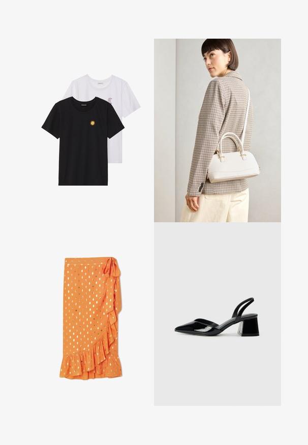 Black and white T-shirts, round neck, short sleeves. Black shirt features yellow sun embroidery; white has purple crescent moon accent.; Orange wrap skirt with gold polka dots, ruffled hem, and a side tie. Made of lightweight fabric, featuring a smooth texture.; Black patent leather slingback heels with a pointed toe and a geometric block heel. Features a sleek, minimal design and smooth texture.; White structured handbag with short handles and a shoulder strap, featuring gold hardware accents and textured material, displayed against a grey background.
