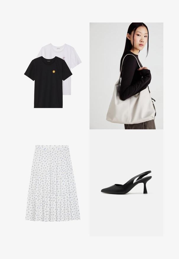 Čierne a biele tričká, okrúhly výstrih, krátke rukávy. Čierne tričko má žltú výšivku slnka; biele má fialový mesiac ako akcent.; Kvetinová sukňa vyrobená z ľahkého materiálu, s bielym pozadím a malými modrými kvetmi, s viacerými vrstvami a elastickým pásom.; Čierne lodičky na zaväzovanie so špicatou špičkou, vyrobené z hladkej kože. Majú výrezový dizajn a pevný, zúžený ihlovej podpätok.; Béžová kabelka vyrobená z mäkkého materiálu, s uvoľneným dizajnom, prišitými detailmi a dvoma popruhmi na nosenie na pleciach. Vhodná na každodenné nosenie.